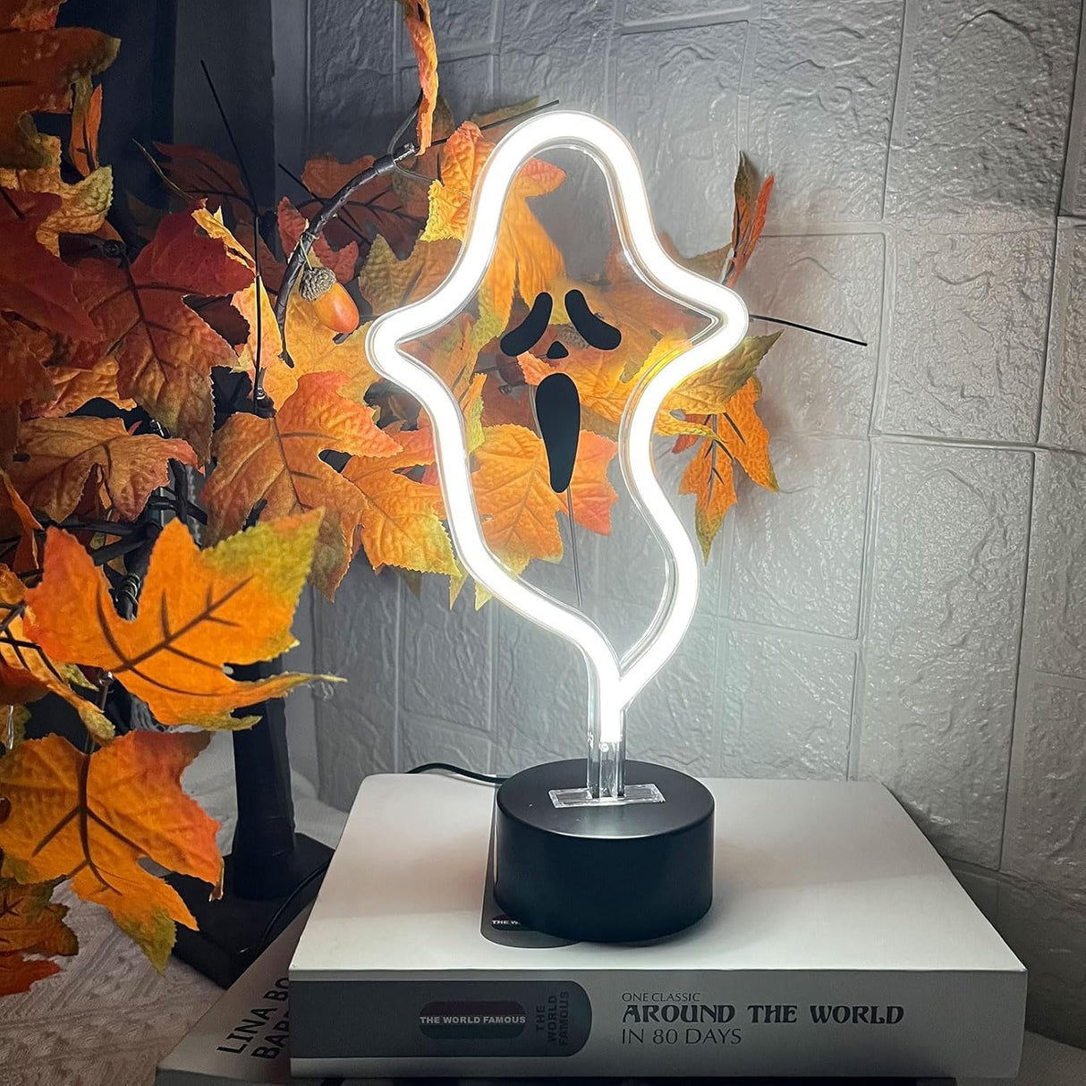 Halloween Ghost Neon Sign, Halloween Decoration LED Ghost Neon Light Sign with Base,