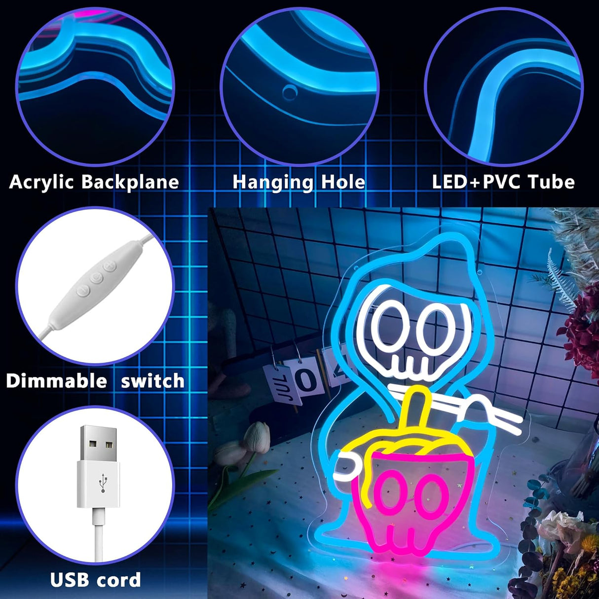 Grim Reaper Ramen Noodles Neon Signs for Wall Decor,Dimmable Japanese Skull Ramen Noodle Neon Light,USB Powered for Resturant Home Bar Kitchen Dinning