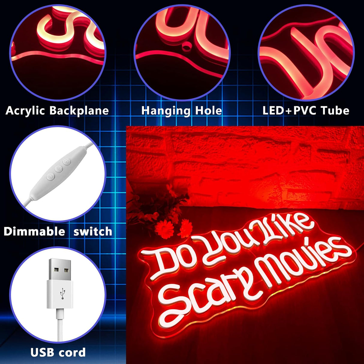 Do You like Scary Movies Neon Signs for Wall Decor, Dimmable Halloween Decoration Gothic Font Scary Movies Sign, USB Neon Light