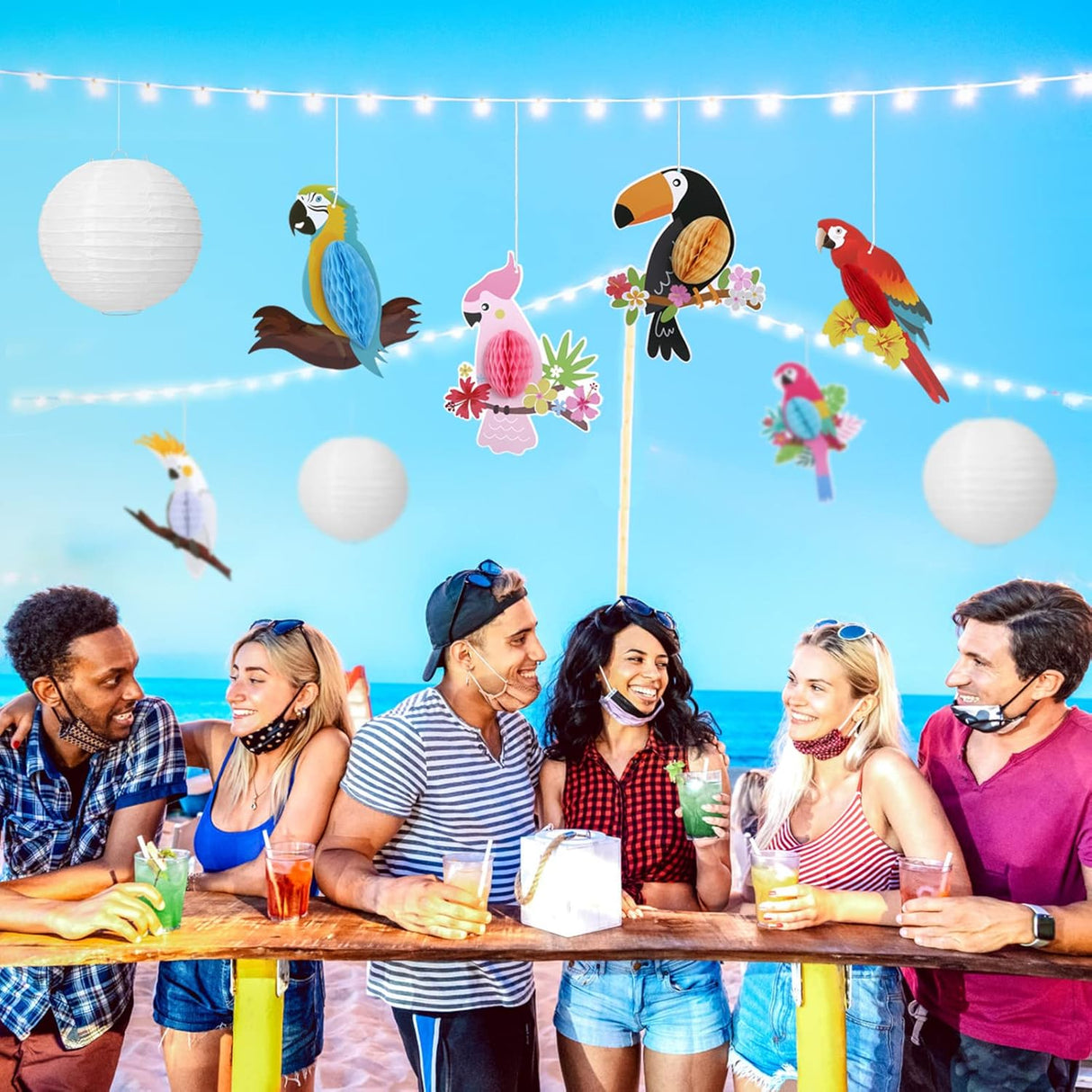 6 Pieces Hawaiian Tropical Birds Hanging Parrot Honeycomb Party