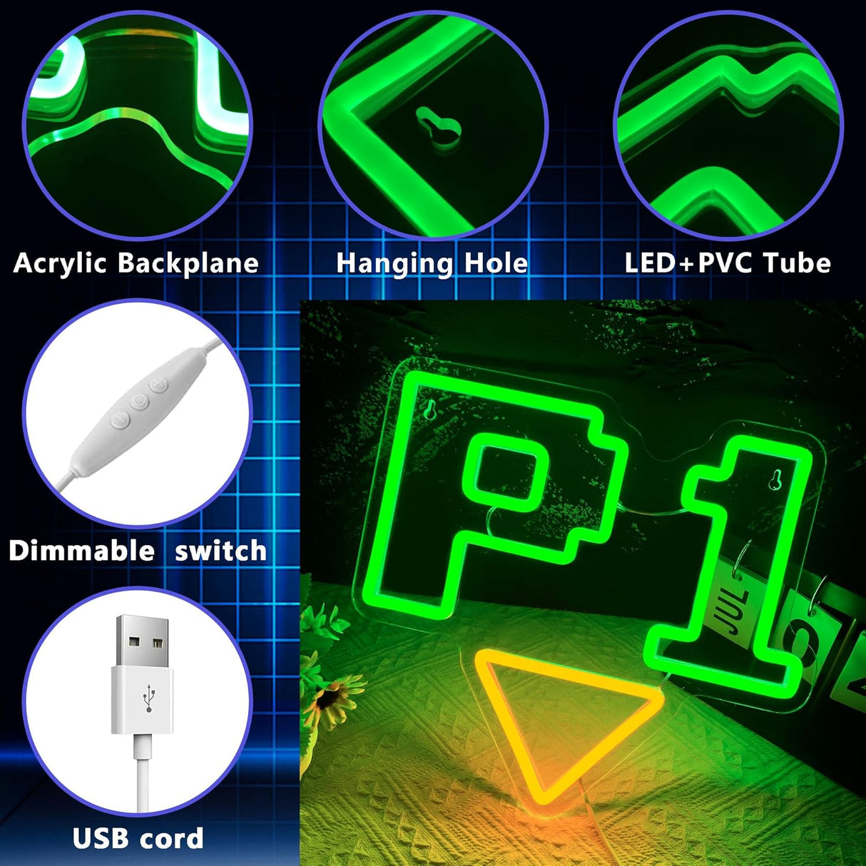 P1 Game Neon Signs for Wall Decor,Dimmable Gaming Neon Light for Gamer Room,