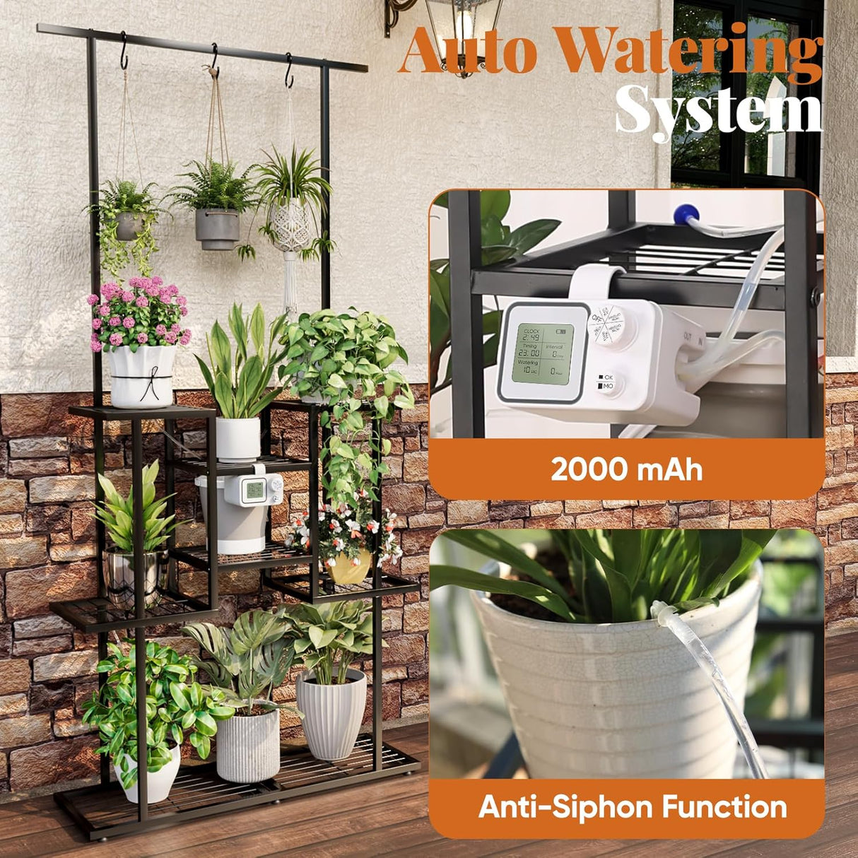 Self-Watering Outdoor Plant Stand with Automatic Drip Watering System 4 Tier with Hanging