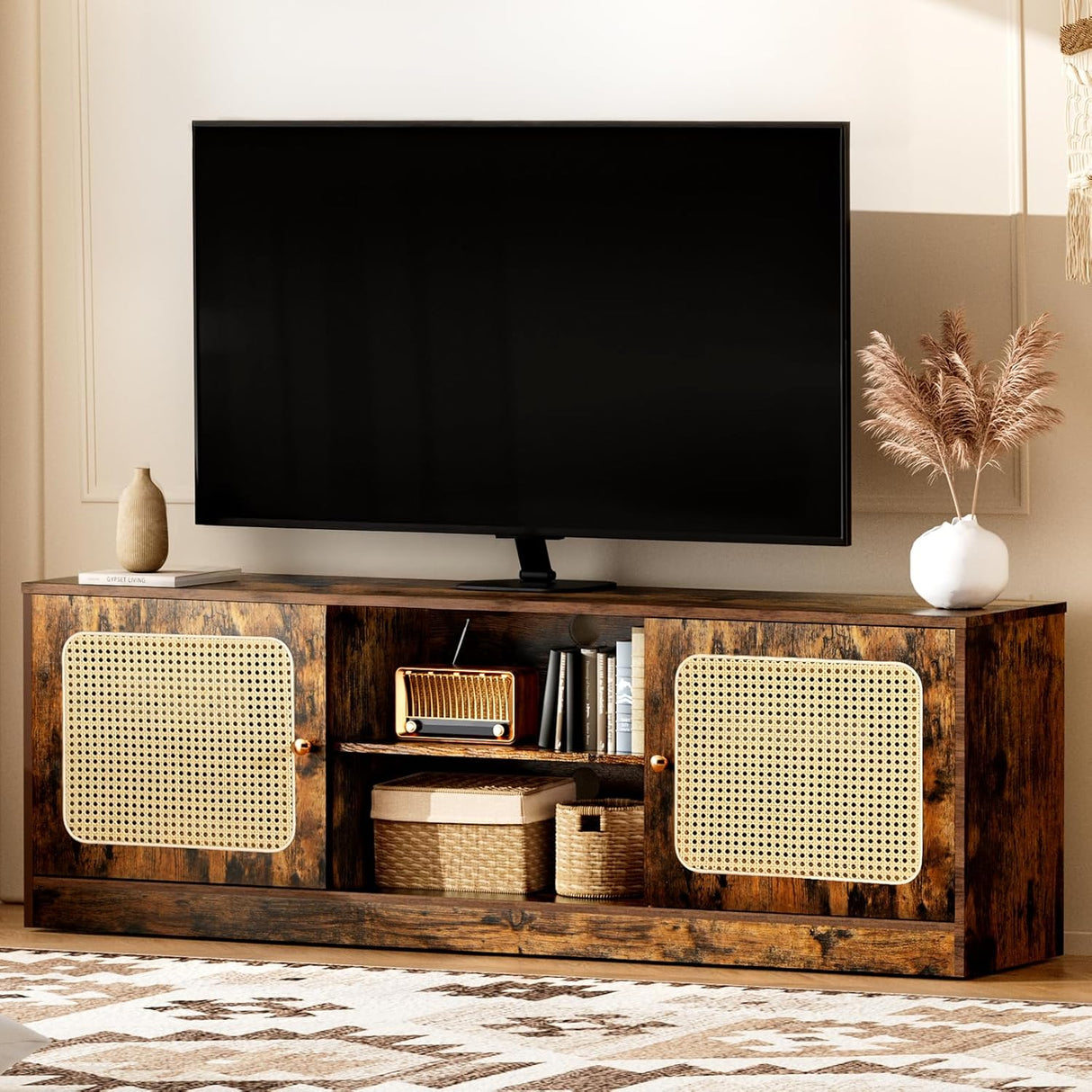 Qmetalart Boho TV Stand for 30-65 inch TVs，Ratten Entertainment Center with 3 Adjustable Shelves,