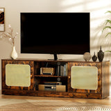 Qmetalart Boho TV Stand for 30-65 inch TVs，Ratten Entertainment Center with 3 Adjustable Shelves,