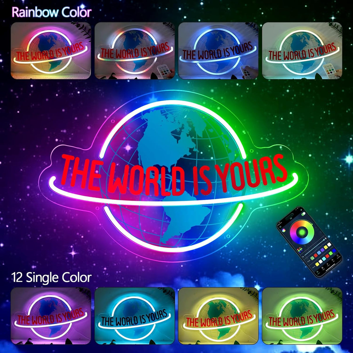 The World is Yours Neon Sign, 7RGB Planet LED Neon Light Lamp for Wall Decor, USB Power for Man Cave Home