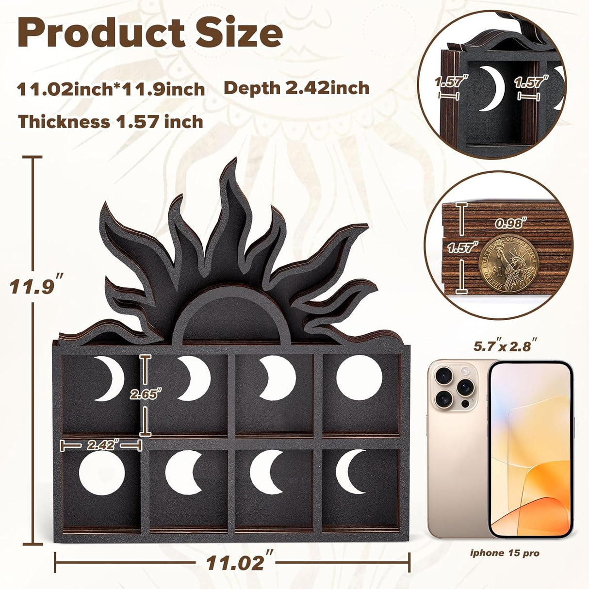 Qmetalart Sunrise Trinket Shelf, Sun Moon Crystal Display Shelf Storage Wall Hanging