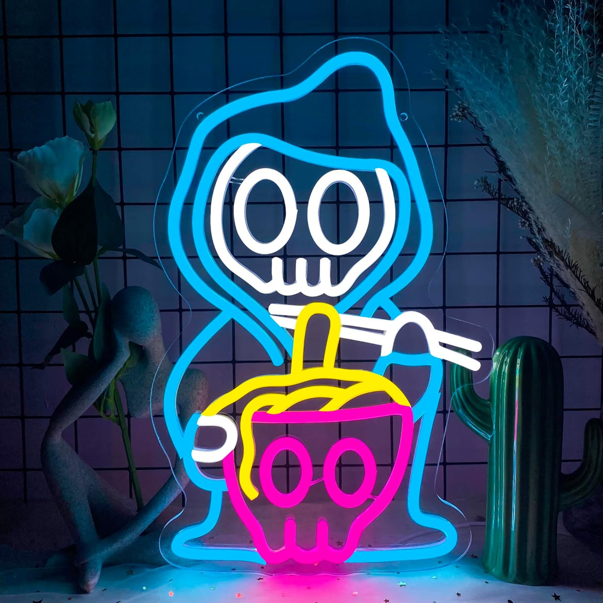 Grim Reaper Ramen Noodles Neon Signs for Wall Decor,Dimmable Japanese Skull Ramen Noodle Neon Light,USB Powered for Resturant Home Bar Kitchen Dinning