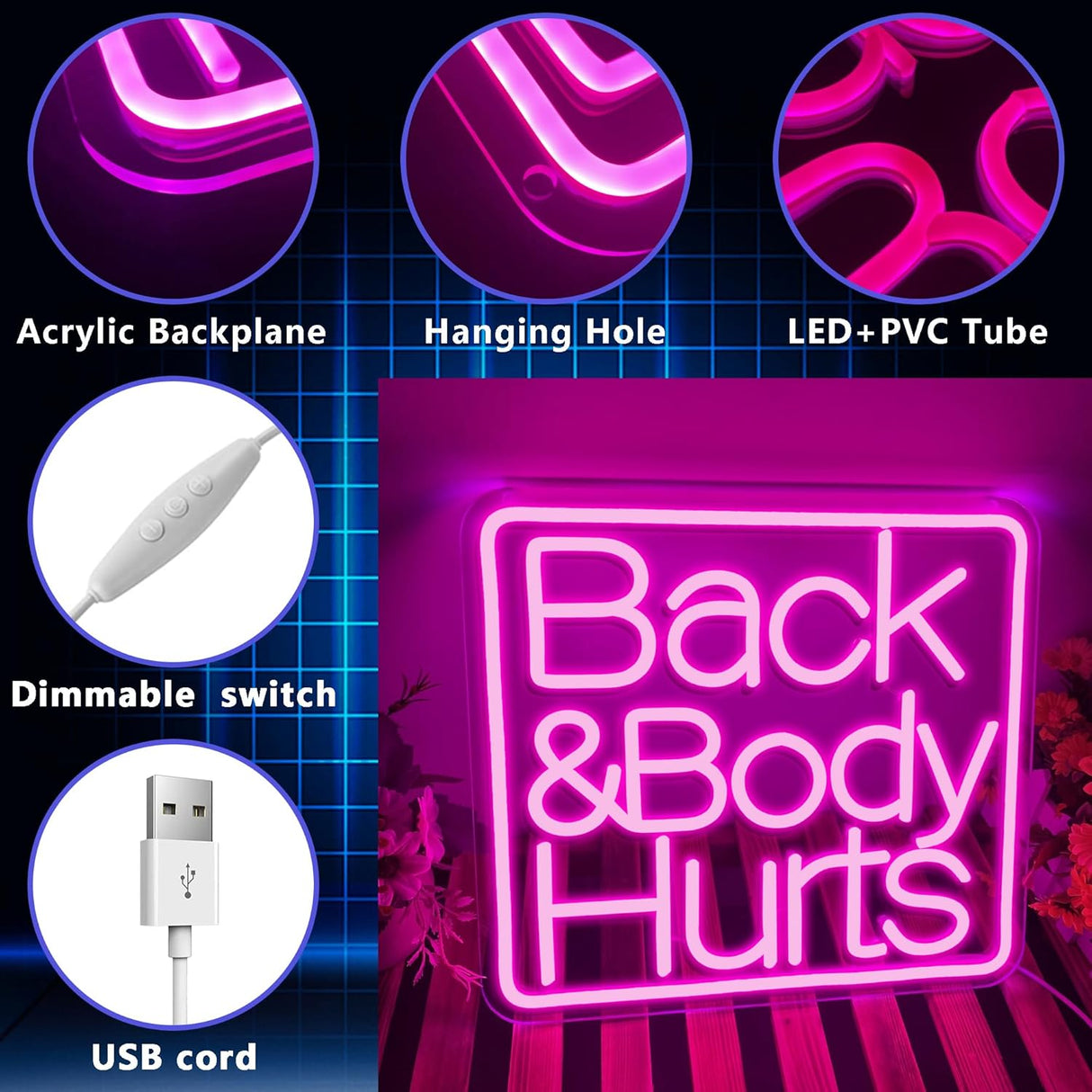 Back and Body Hurts Mug Neon Sign,Dimmable Funny Mom Coffee Mug Neon Light,