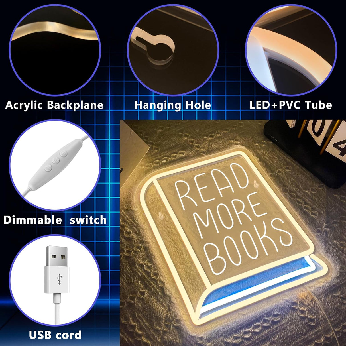 Read More Books Neon Signs for Wall Decor, Dimmable Book Classroom