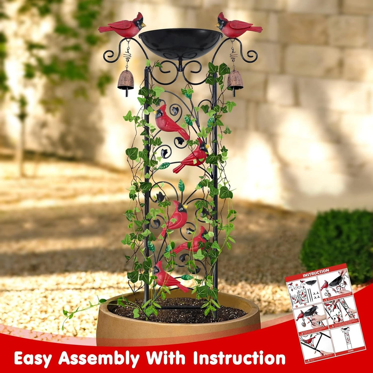 Cardinal Bird Bath Garden Trellis for Climbing Plants Outdoor Wind Chime Decor Red Birds