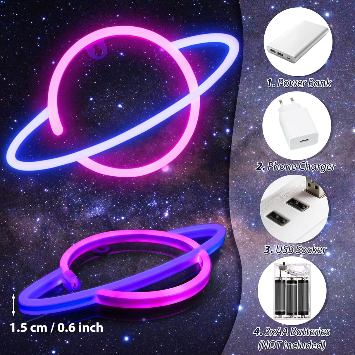 Planet Led Sign for Wall Decor, USB or Battery Operated Pink/Blue Planet Led Neon Light for Bedroom,