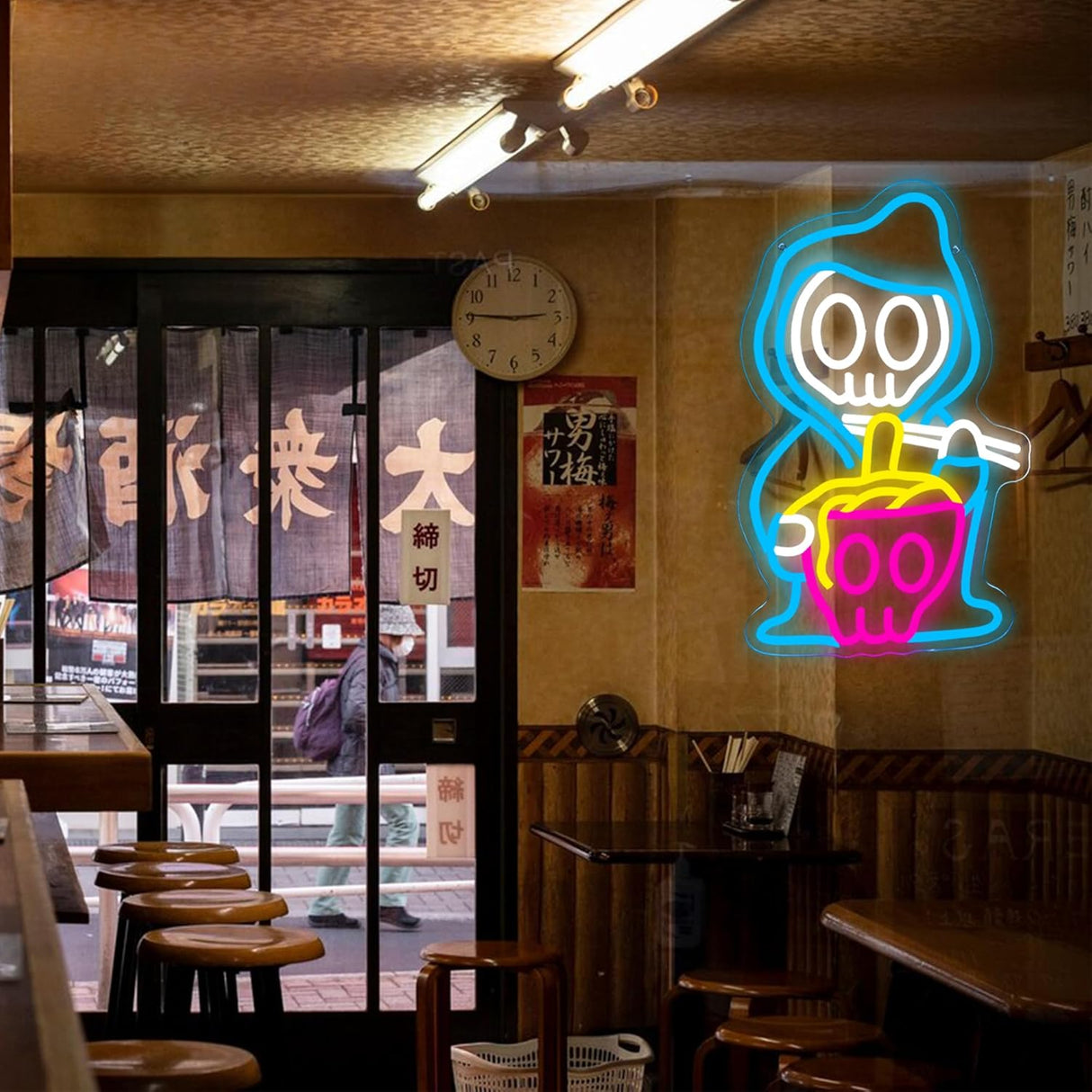 Grim Reaper Ramen Noodles Neon Signs for Wall Decor,Dimmable Japanese Skull Ramen Noodle