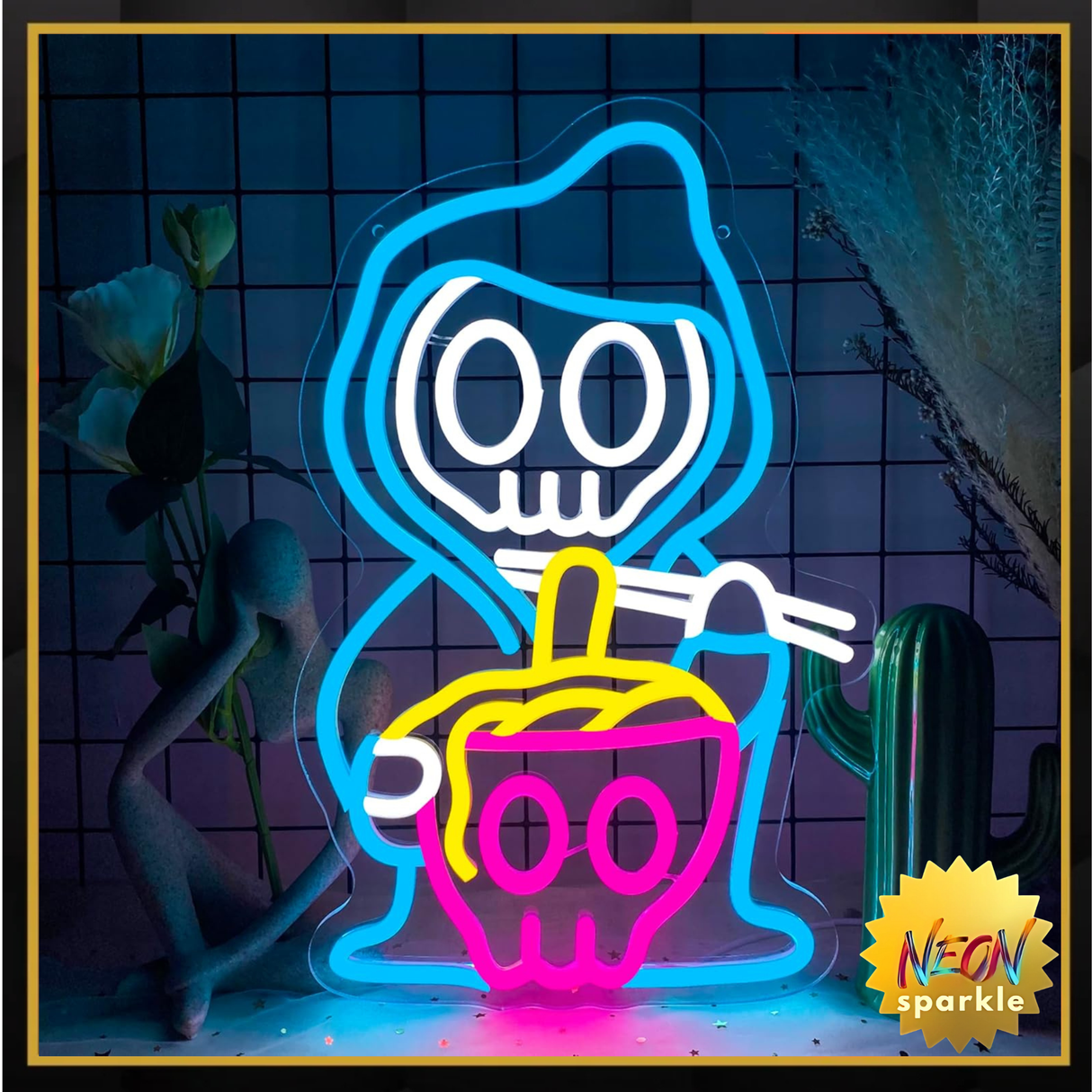 Grim Reaper Ramen Noodles Neon Signs for Wall Decor,Dimmable Japanese Skull Ramen Noodle Neon Light,USB Powered for Resturant Home Bar Kitchen Dinning