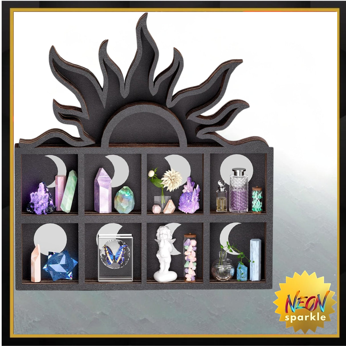 Qmetalart Sunrise Trinket Shelf, Sun Moon Crystal Display Shelf Storage Wall Hanging