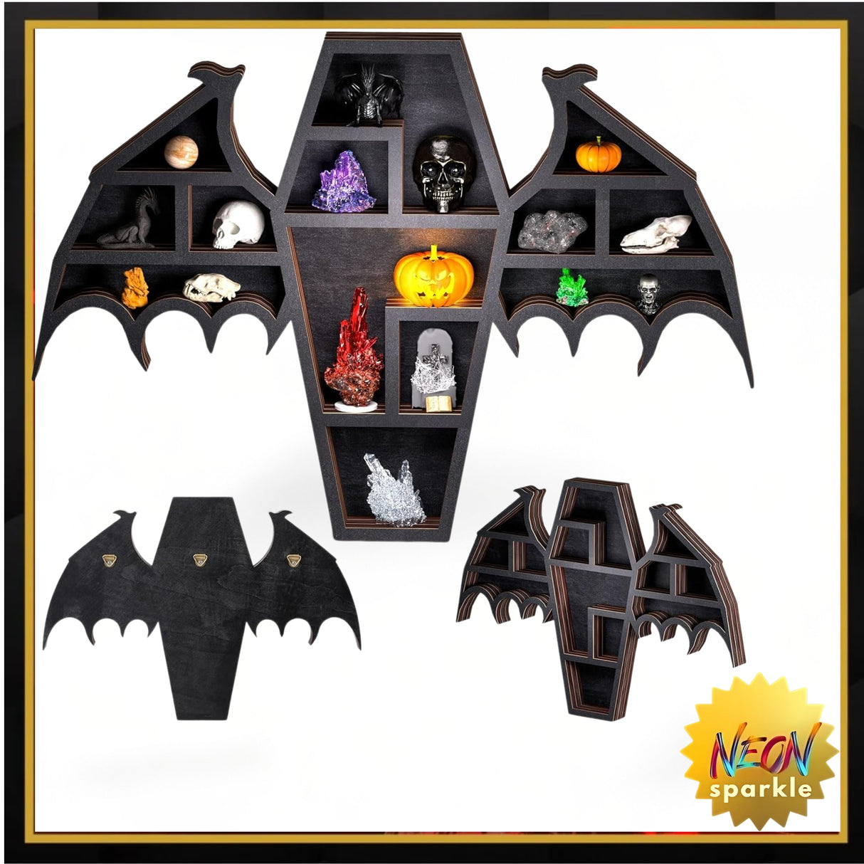 Qmetalart Coffin Shelf with Bat Wings, Wooden Gothic Decor for Display or Storage Rocks Mini Figures