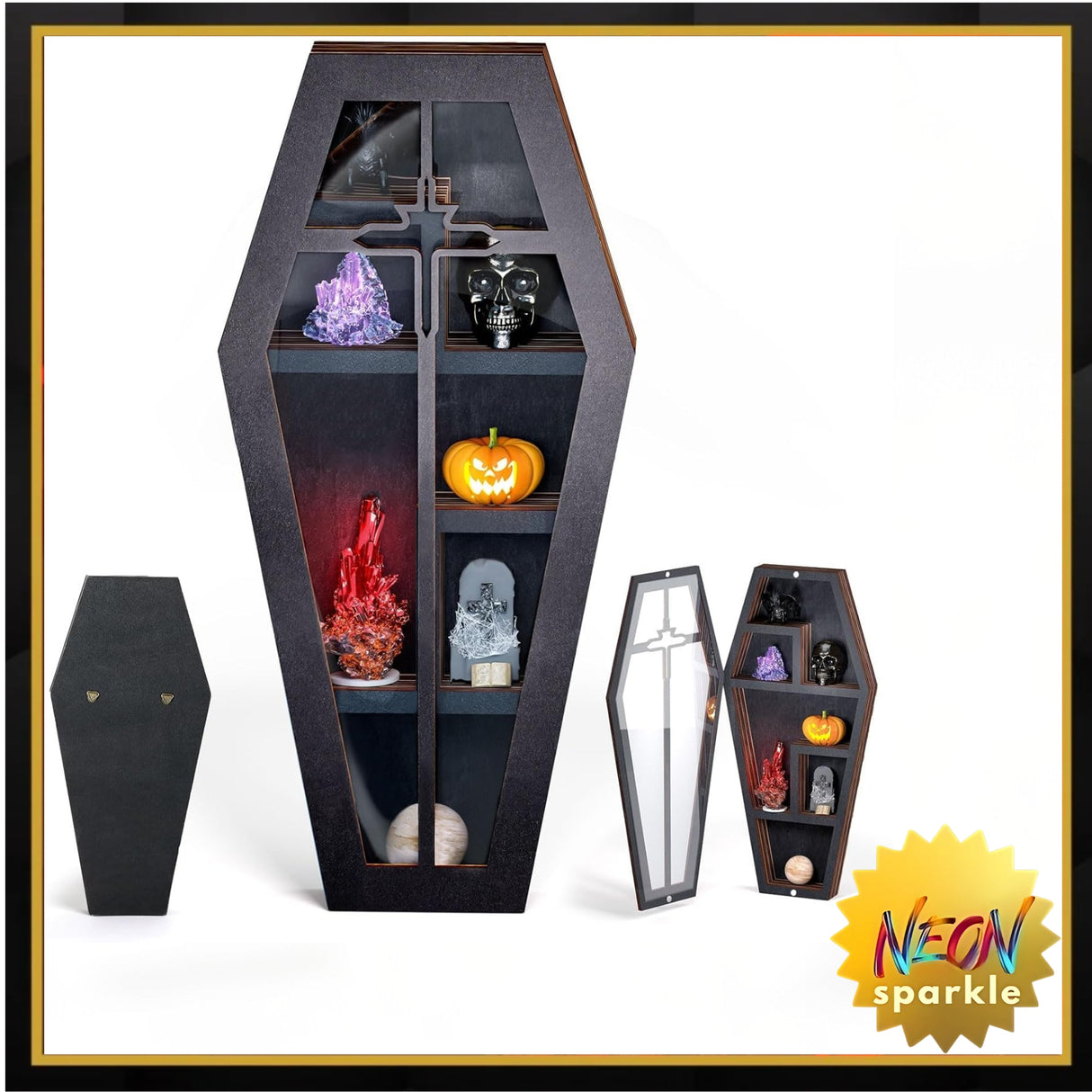 Qmetalart Coffin Shelf with Acrylic Dust Cover, Wooden Gothic Decor for Display or Storage Rocks Mini Figures,
