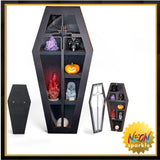 Qmetalart Coffin Shelf with Acrylic Dust Cover, Wooden Gothic Decor for Display or Storage Rocks Mini Figures,