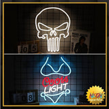 Bikini Crs Light Neon Signs 16.1 * 9.8 Inch(Azure+Red+White) + Punisher Skull Neon Signs 16.5 * 13 Inch(White)