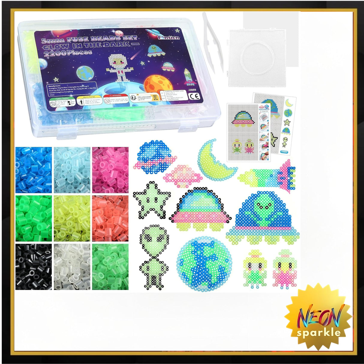 Fontien 2200pcs 5mm Glow in The Dark Fuse Beads Kit for Kids, Iron Beads Set with 8 Colors,