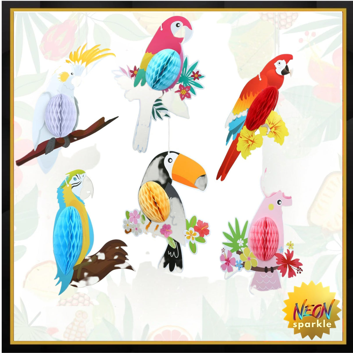 6 Pieces Hawaiian Tropical Birds Hanging Parrot Honeycomb Party