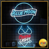 Bikini Crs Light Neon Signs 16.1 * 9.8 Inch(Azure+Red+White) + Blue Moon Orbicular Neon Signs 14 * 12.2 Inch(Azure+White)