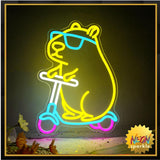 Cool Capybara Neon Sign, Dimmable Cute Animal with Shades on a Scooter, Lemon