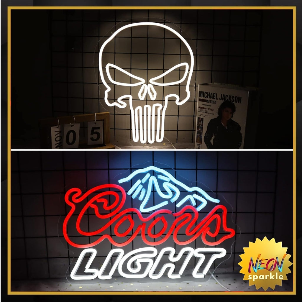 Crs Light Neon Signs 17 * 11 Inch(Azure+Red+White) + Punisher Skull Neon Signs 16.5 * 13 Inch(White)