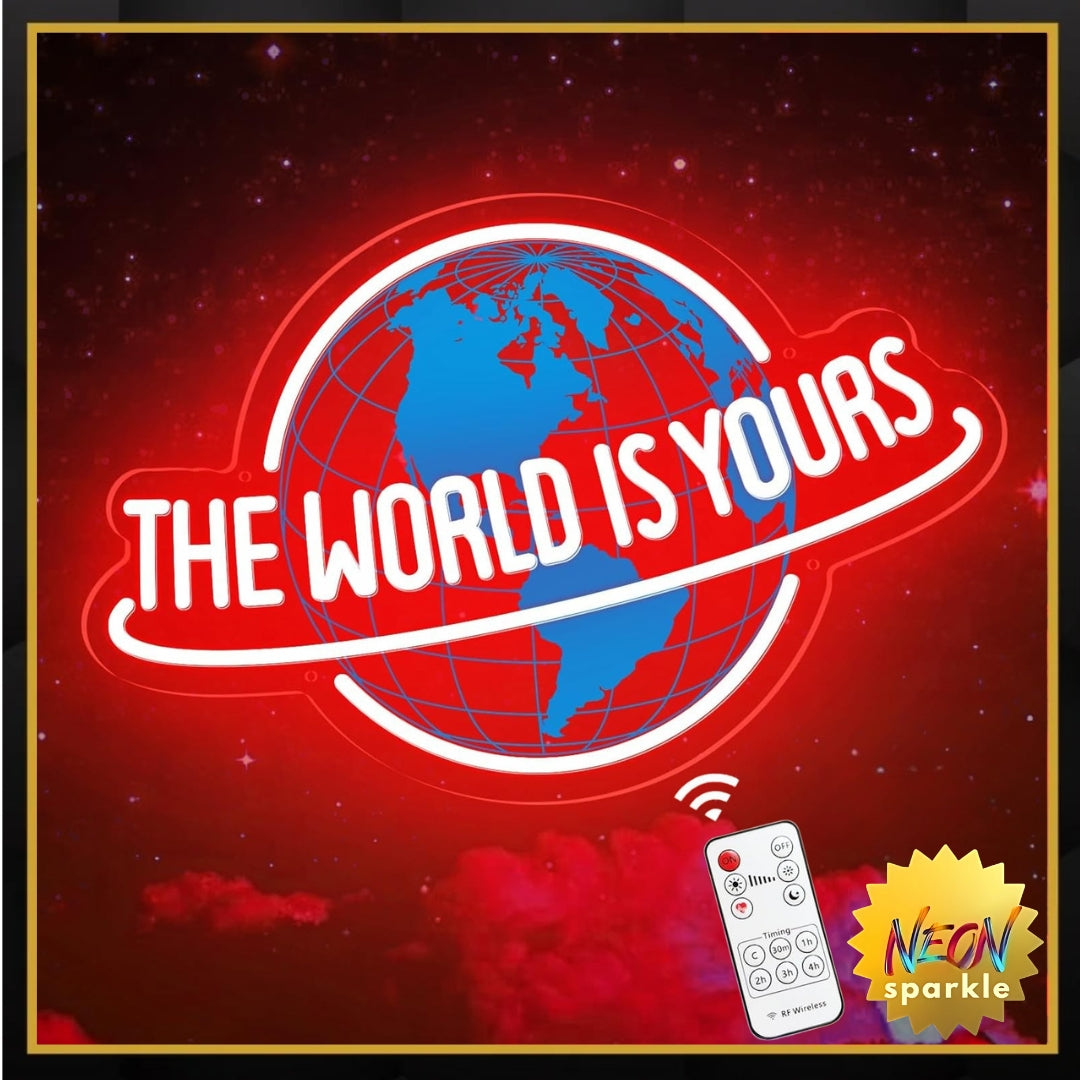 The World is Yours Neon Sign, Dimmable Red Planet LED Neon Light Lamp for Wall Decor, USB