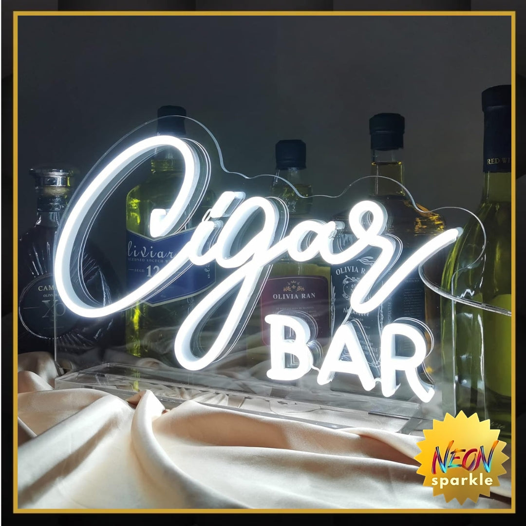 Cigar Bar Neon Sign Tabletop, White Wedding LED Neon Light with Stand, Handmade Cigar Bar