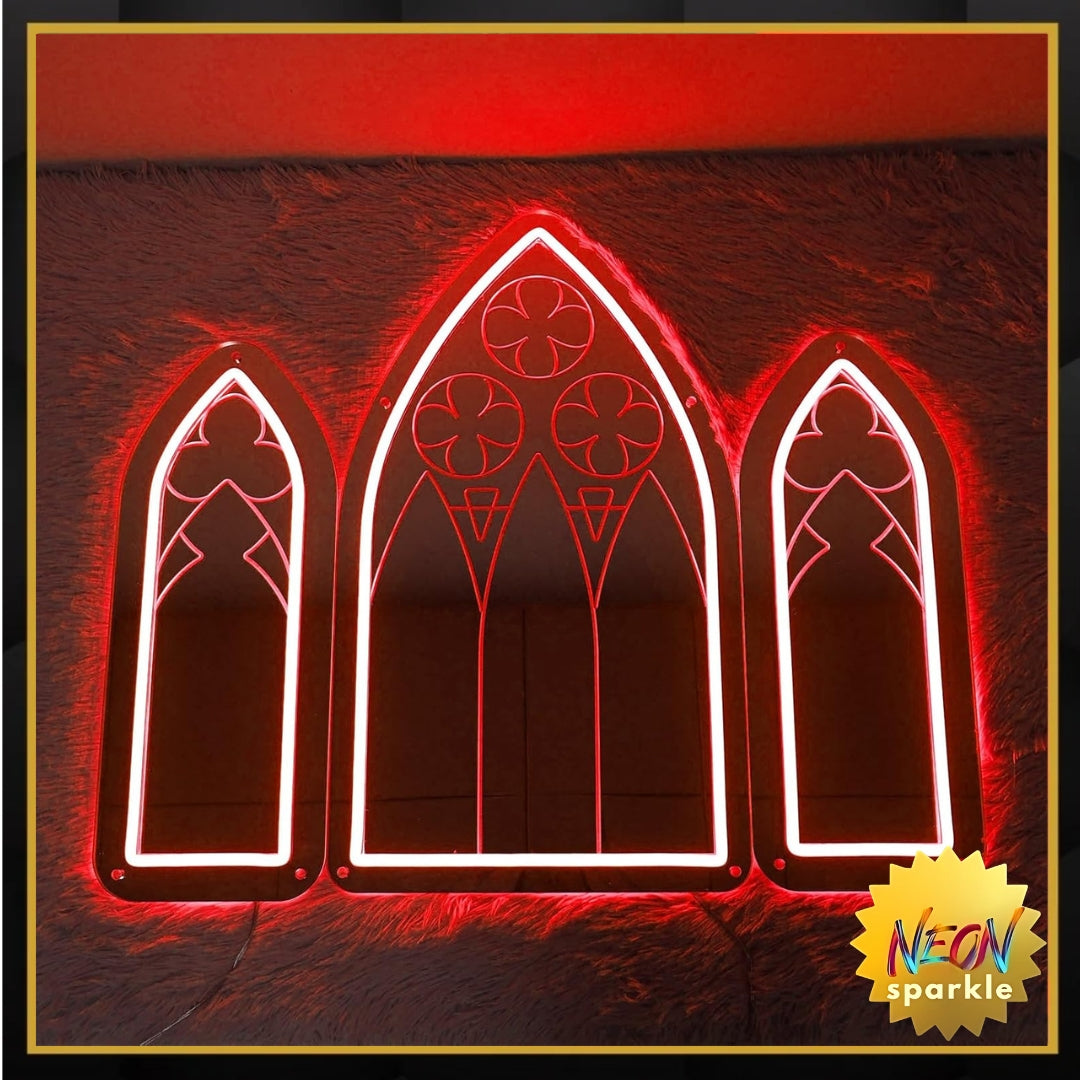 Gothic Mirror Neon Sign, 3 Piece Dimmable Retro Red Gothic Cathedral Arch Window Light